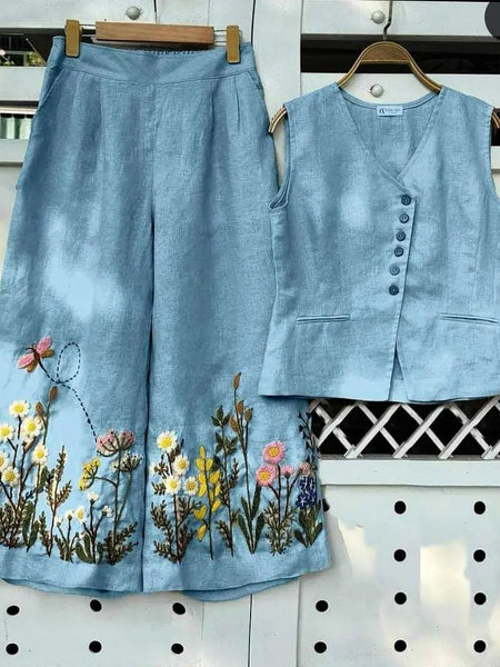 Turquoise Embroidered Cotton Slub Co-ord Set