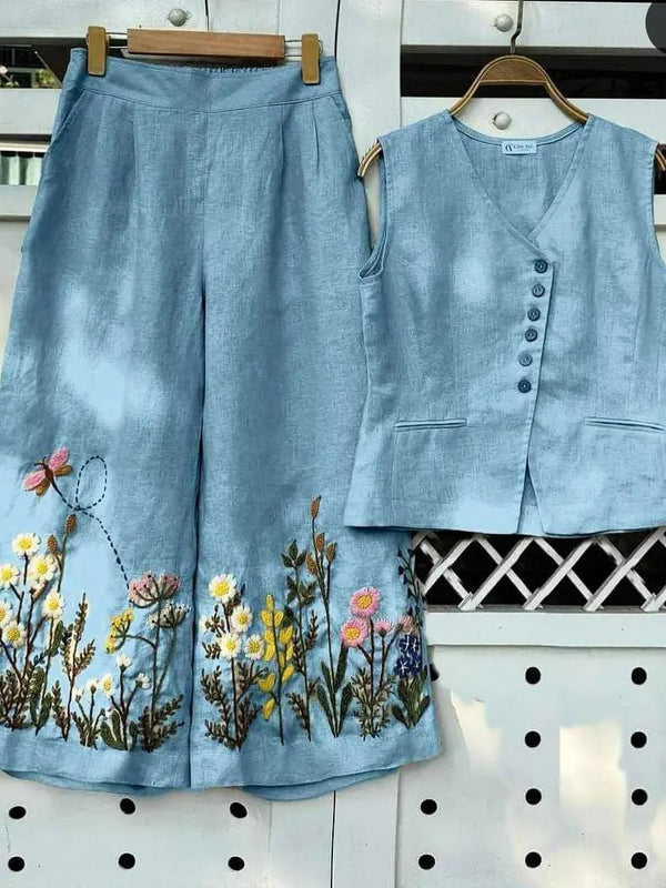 Turquoise Embroidered Cotton Slub Co-ord Set