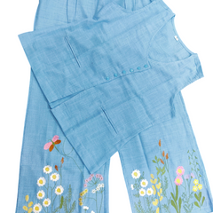 Turquoise Embroidered Cotton Slub Co-ord Set