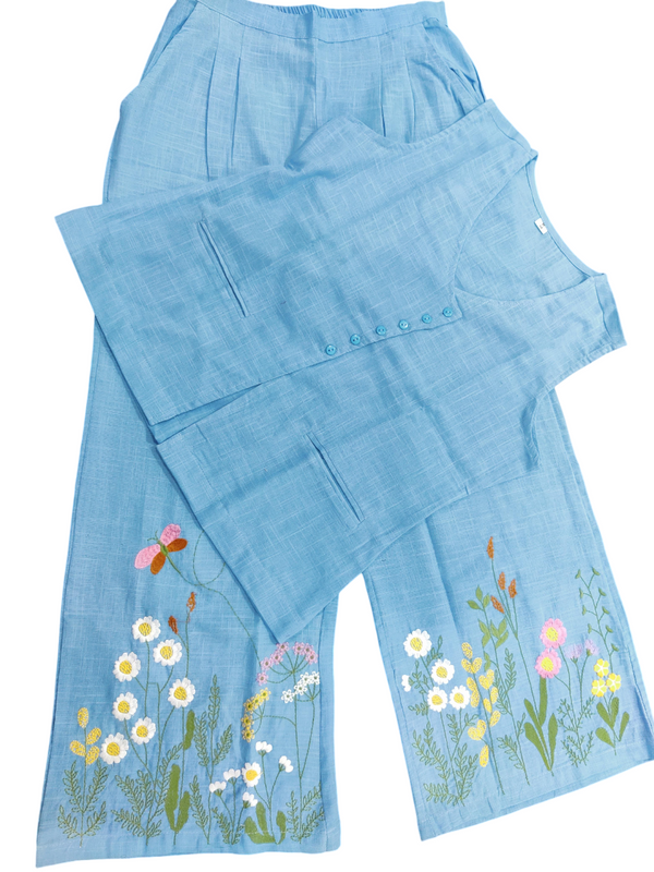 Turquoise Embroidered Cotton Slub Co-ord Set