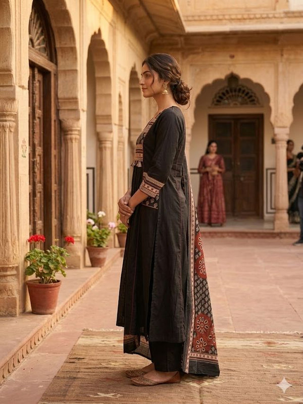 A-line Printed Black Color Suit Set