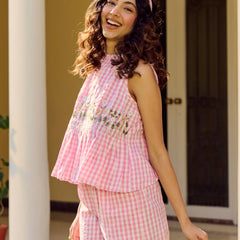 Embroidery Work Checks Pattern Pink Co_ord Set