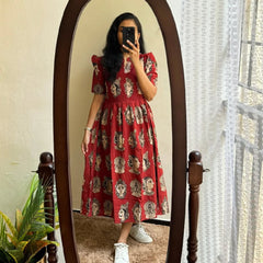 Beautiful Madhubani Print Red Cotton Midi Kurti