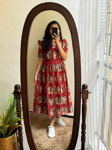 Beautiful Madhubani Print Red Cotton Midi Kurti