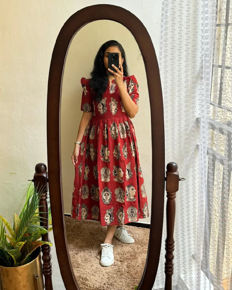 Beautiful Madhubani Print Red Cotton Midi Kurti