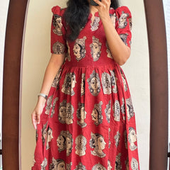 Beautiful Madhubani Print Red Cotton Midi Kurti