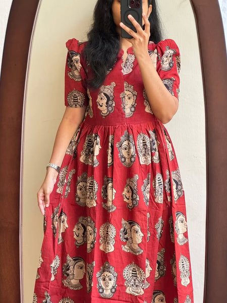 Beautiful Madhubani Print Red Cotton Midi Kurti