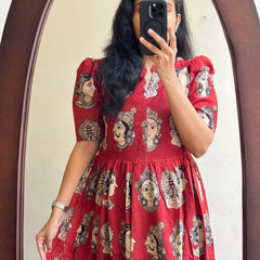 Beautiful Madhubani Print Red Cotton Midi Kurti