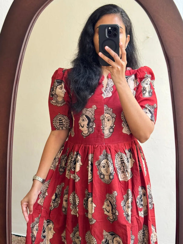 Beautiful Madhubani Print Red Cotton Midi Kurti