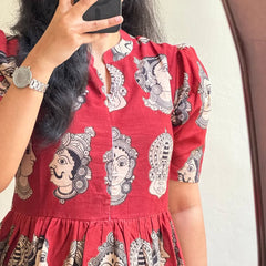 Beautiful Madhubani Print Red Cotton Midi Kurti