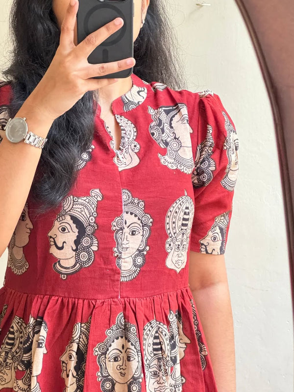 Beautiful Madhubani Print Red Cotton Midi Kurti