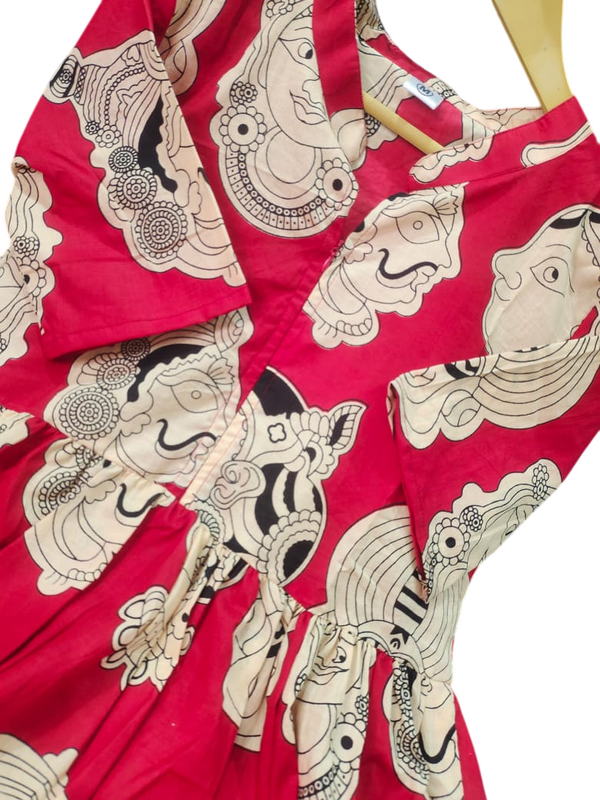 Beautiful Madhubani Print Red Cotton Midi Kurti