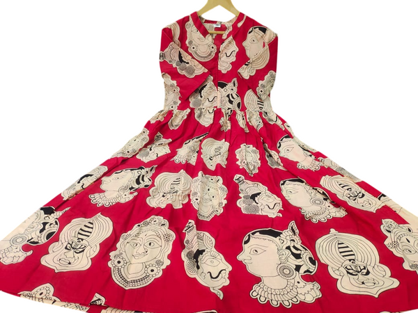 Beautiful Madhubani Print Red Cotton Midi Kurti