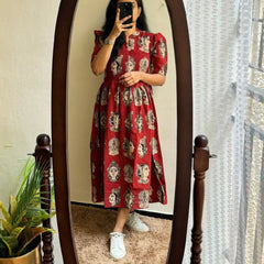 Beautiful Madhubani Print Red Cotton Midi Kurti