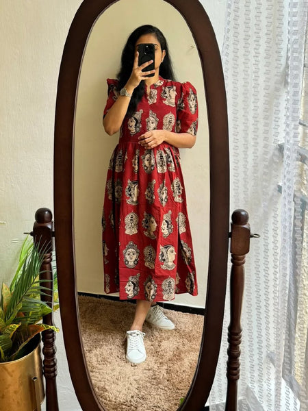 Beautiful Madhubani Print Red Cotton Midi Kurti