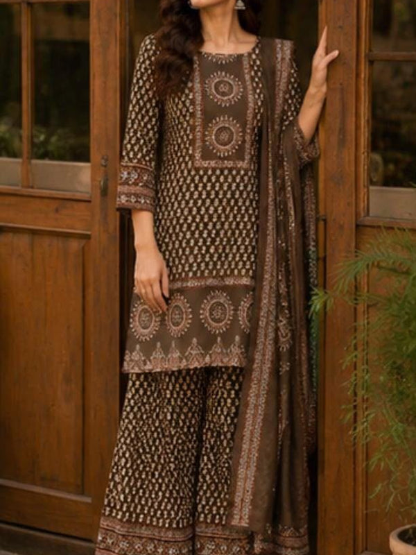Beautiful Printed Brown Cotton Gopi Dress Set