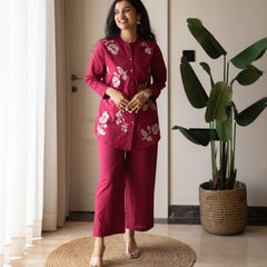 Embroidery Work Cotton Flex Magenta Co_ord Set