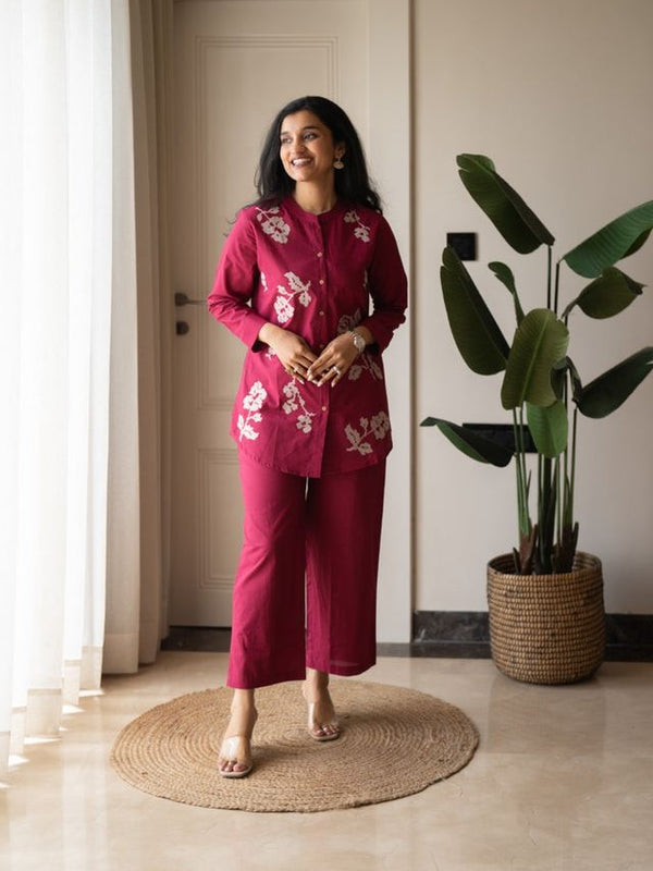 Embroidery Work Cotton Flex Magenta Co_ord Set