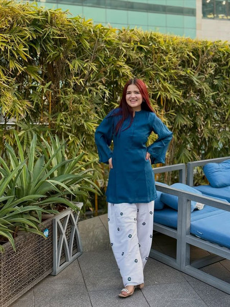 Embriodery Work Teal Blue Cotton Farshi Salwar Set