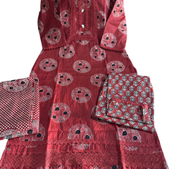 Deisgner Lace Work Brick Red Cotton Suit Set
