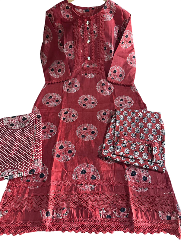 Deisgner Lace Work Brick Red Cotton Suit Set