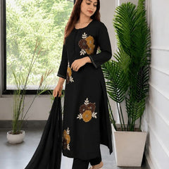 Embroidery Work Black Cotton Suit Set