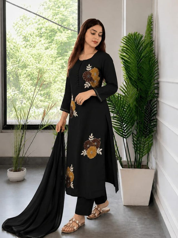 Embroidery Work Black Cotton Suit Set