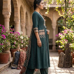 A-line Printed Bottle Green Color Suit Set