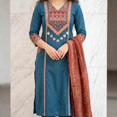 Embroideried Blue Color Cotton Suit Set