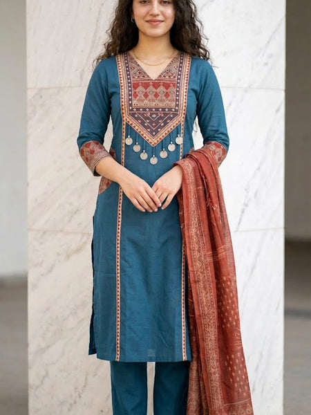 Embroideried Blue Color Cotton Suit Set