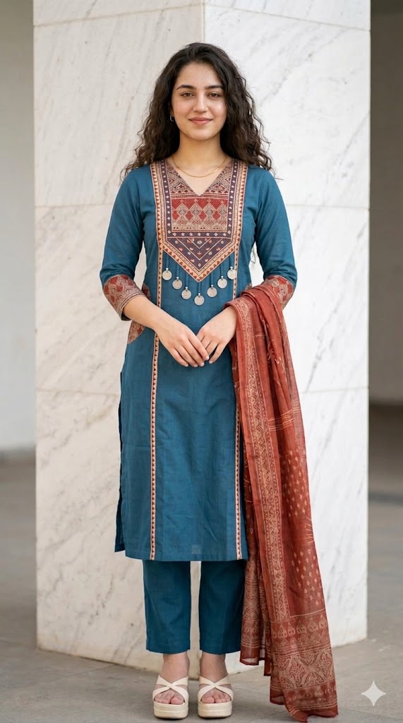 Embroideried Blue Color Cotton Suit Set