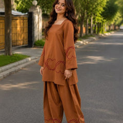 Embroidery Work Bright Rust Cotton Farshi Salwar Set