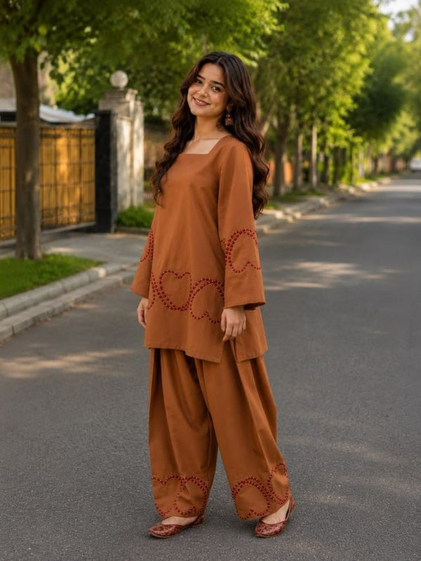 Embroidery Work Bright Rust Cotton Farshi Salwar Set