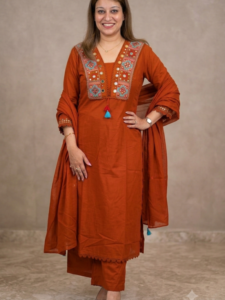 Beautiful Designer Rust Color Cotton Suit Set