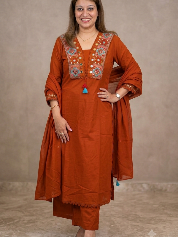 Beautiful Designer Rust Color Cotton Suit Set