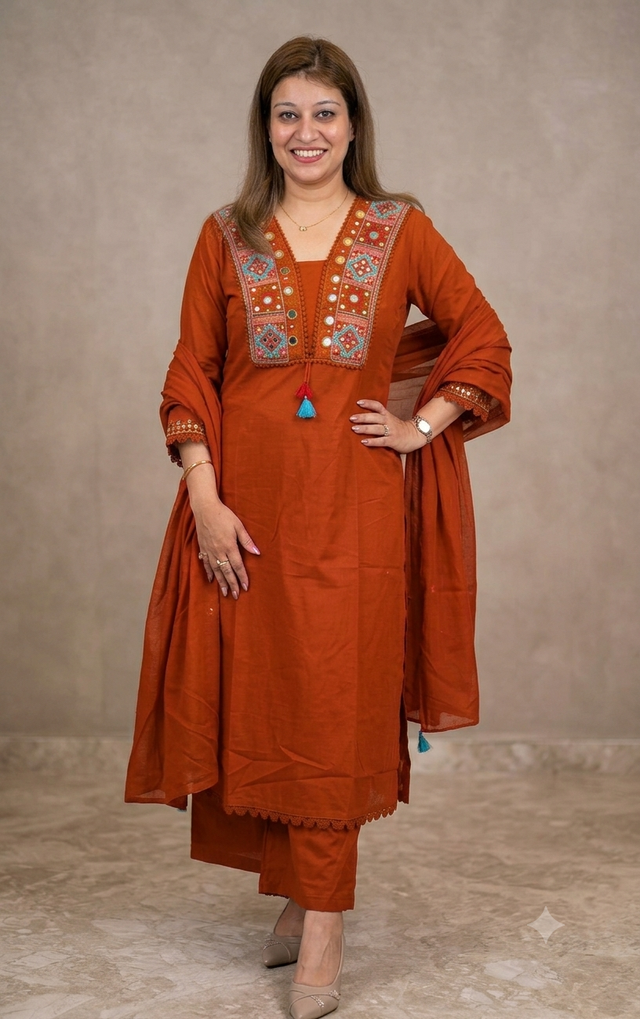 Beautiful Designer Rust Color Cotton Suit Set