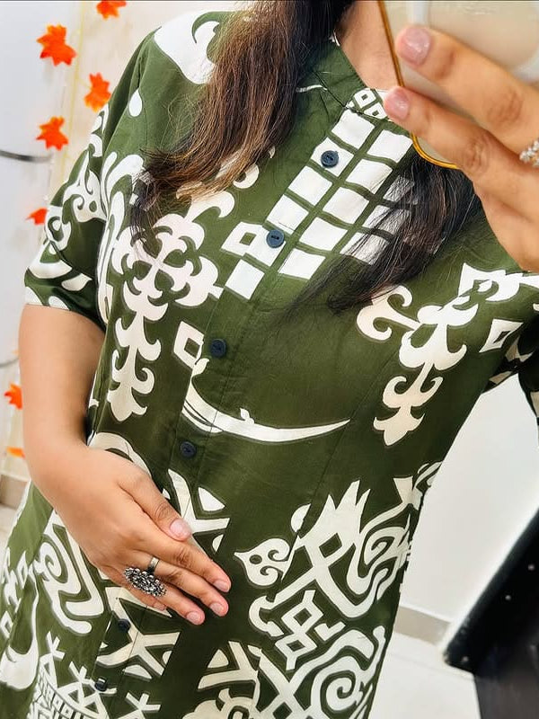 Green Cotton A-Line Printed Co-ord Set