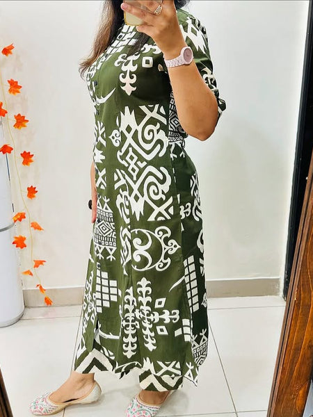 Green Cotton A-Line Printed Co-ord Set