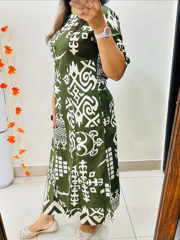 Green Cotton A-Line Printed Co-ord Set