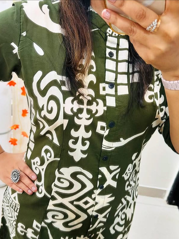 Green Cotton A-Line Printed Co-ord Set