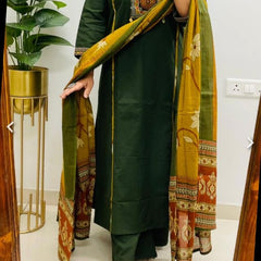 Embroidery Work Green Cotton Suit Set