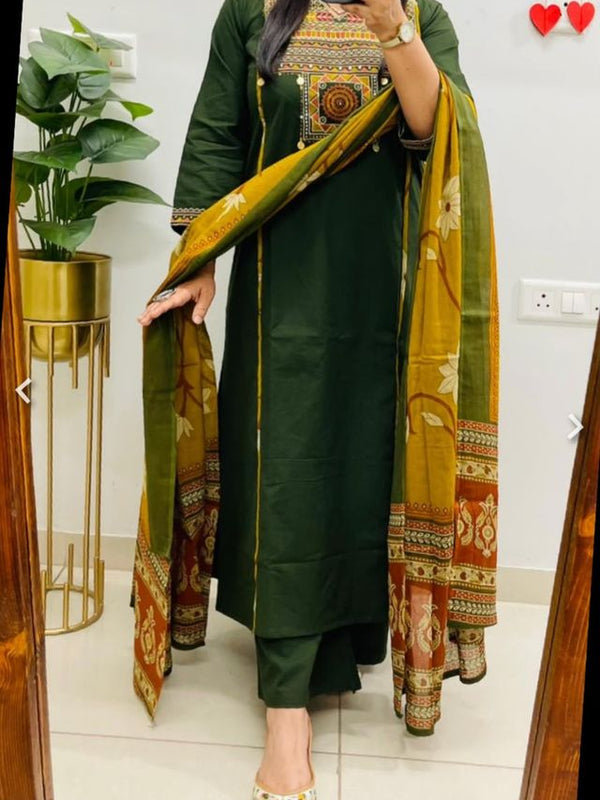 Embroidery Work Green Cotton Suit Set