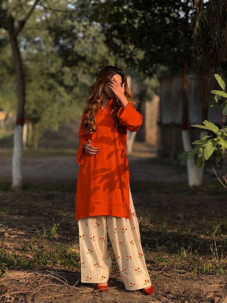 Chery Embroideried Work Orange Farshi Salwar Set