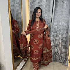 Deisgner Lace Work Brick Red Cotton Suit Set