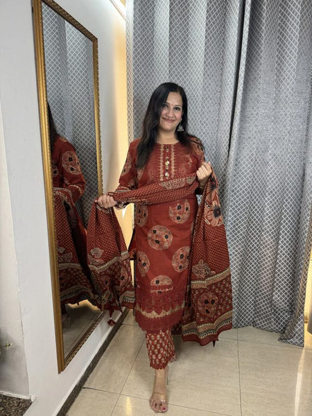 Deisgner Lace Work Brick Red Cotton Suit Set