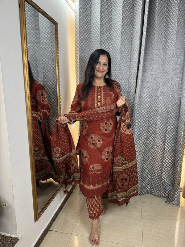 Deisgner Lace Work Brick Red Cotton Suit Set