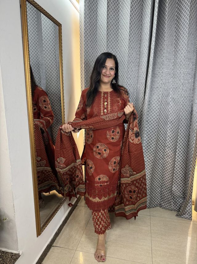 Deisgner Lace Work Brick Red Cotton Suit Set