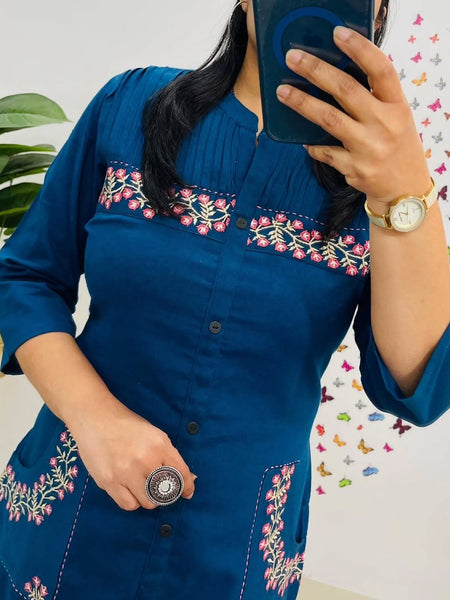 Embroidered Blue Cotton Co-ord Set