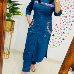 Embroidered Blue Cotton Co-ord Set