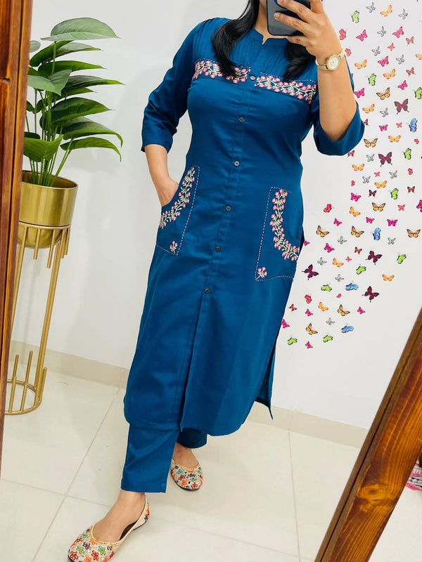 Embroidered Blue Cotton Co-ord Set